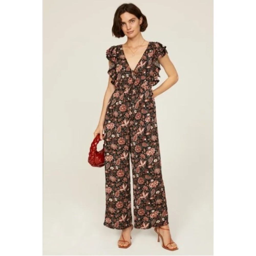 Madewell Deep-V Ruffled Jumpsuit Wide Leg Black‎ Floral Tie Back Pampas Blooms S